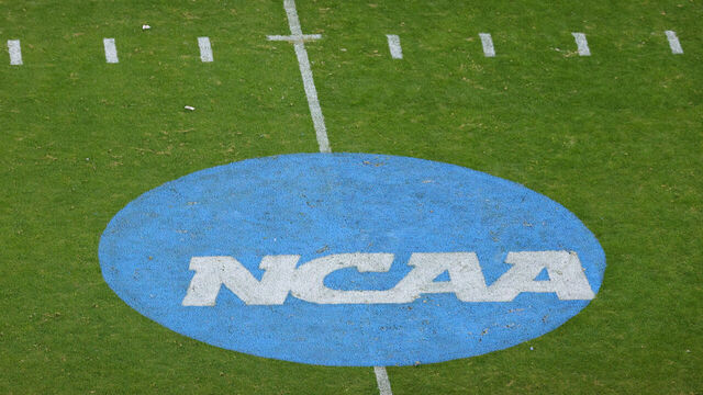 FRISCO, TEXAS - JANUARY 6: A NCAA logo is seen between the North Dakota State Bison and the Montana State Bobcats during the Division I FCS Football Championship held at Toyota Stadium on January 6, 2025 in Frisco, Texas.