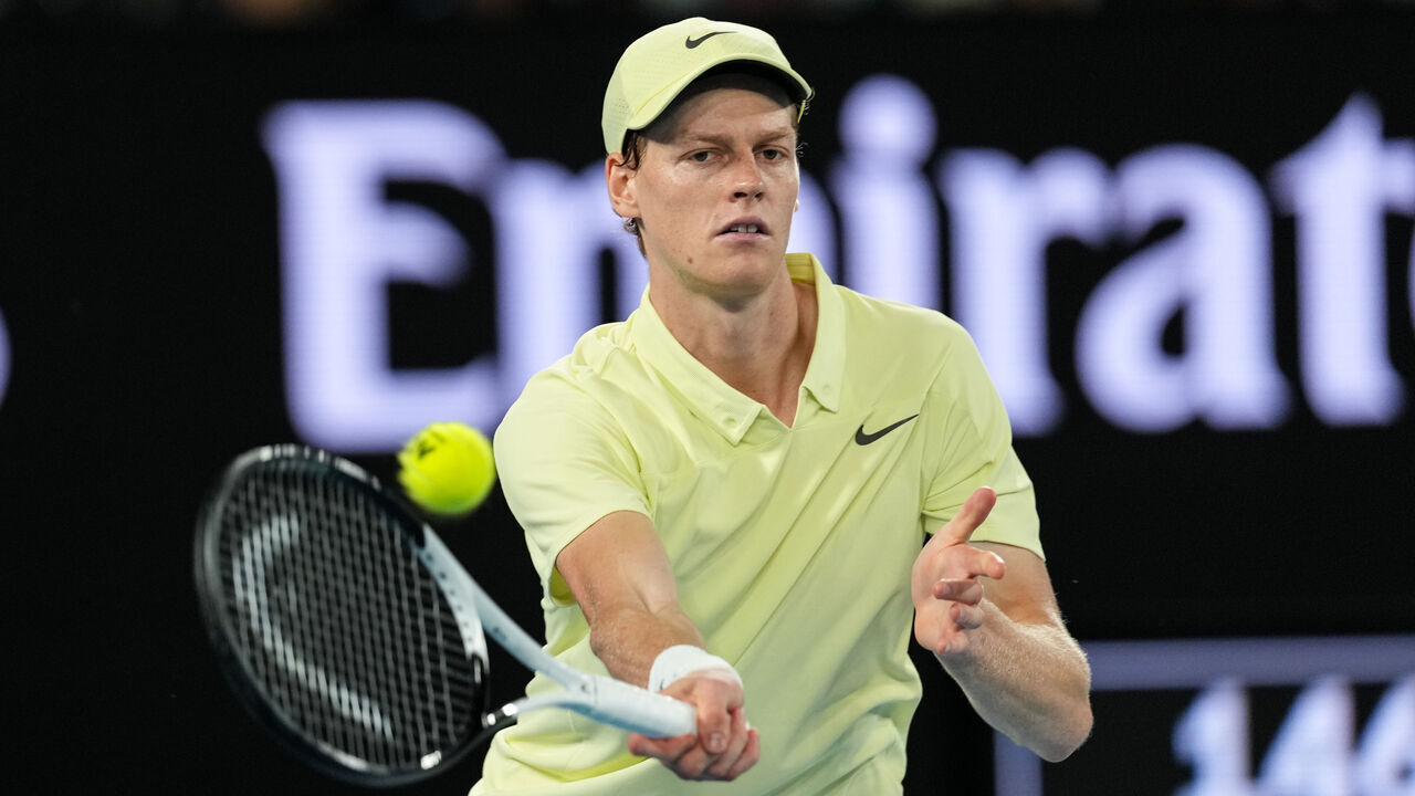 MELBOURNE, AUSTRALIA - JANUARY 26: Jannik Sinner of Italy plays a forehand in the Men's Singles Final match against Alexander Zverev of Germany during day fifteen of the 2025 Australian Open at Melbourne Park on January 26, 2025 in Melbourne, Australia.