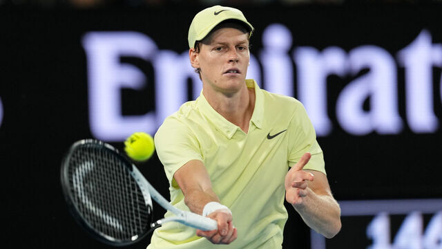 MELBOURNE, AUSTRALIA - JANUARY 26: Jannik Sinner of Italy plays a forehand in the Men's Singles Final match against Alexander Zverev of Germany during day fifteen of the 2025 Australian Open at Melbourne Park on January 26, 2025 in Melbourne, Australia.