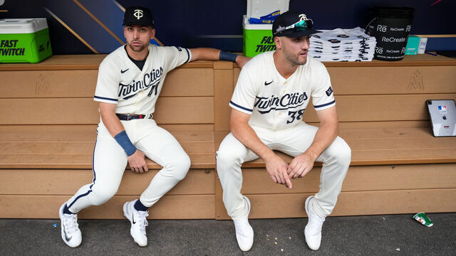 MINNEAPOLIS, MN - OCTOBER 03: Edouard Julien #47 and Matt Wallner #38 of the Minnesota Twins look on prior to game one of the Wild Card Series against the Toronto Blue Jays on October 3, 2023 at Target Field in Minneapolis, Minnesota.