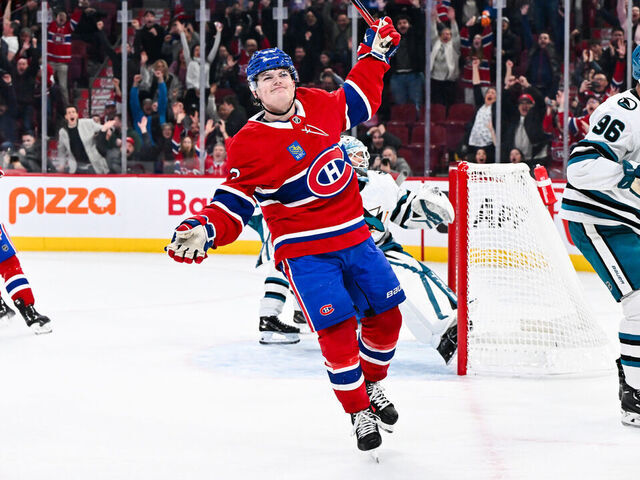 MONTREAL, CANADA - FEBRUARY 27: Cole Caufield #13 of the Montreal Canadiens celebrates his overtime goal against the San Jose Sharks at the Bell Centre on February 27, 2025 in Montreal, Quebec, Canada. The Montreal Canadiens defeated the San Jose Sharks 4-3 in overtime.