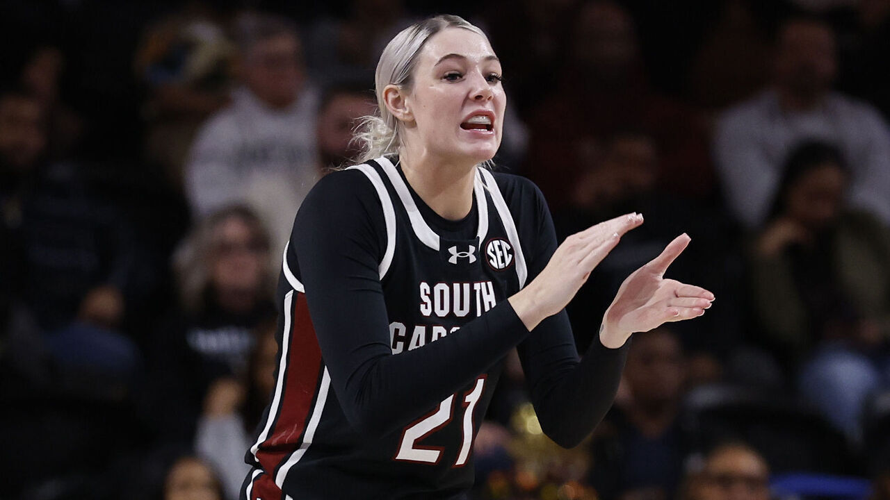NASHVILLE, TN - FEBRUARY 23: South Carolina Gamecocks forward Chloe Kitts (21) claps to her teammates during a game between the Vanderbilt Commodores and South Carolina Gamecocks, February 23, 2025, at Memorial Gymnasium in Nashville, Tennessee.
