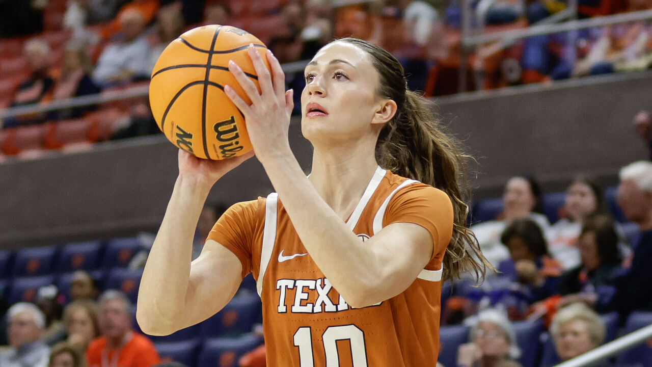 AUBURN, ALABAMA - JANUARY 16: Shay Holle #10 of the Texas Longhorns shoots the ball during the first half against the Auburn Tigers at Neville Arena on January 16, 2025 in Auburn, Alabama.