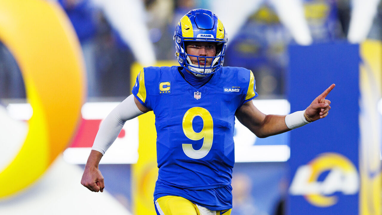 INGLEWOOD, CALIFORNIA - DECEMBER 28: Quarterback Matthew Stafford #9 of the Los Angeles Rams enters the field during player introductions prior to an NFL football game against the Arizona Cardinals, at SoFi Stadium on December 28, 2024 in Inglewood, California.