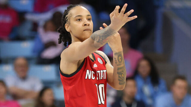 CHAPEL HILL, NC - FEBRUARY 16: NC State Wolfpack guard Aziaha James (10) celebrates the three point basket during the college basketball game between the North Carolina Tar Heels and the NC State Wolfpack on February 16, 2025 at Carmichael Arena in Chapel Hill, NC.