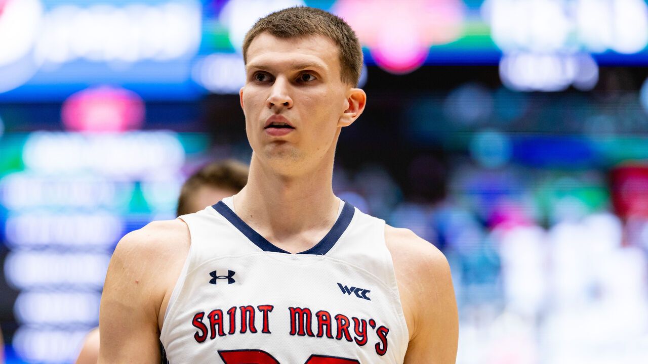 MORAGA, CA - FEBRUARY 01: Saint Mary's Gaels forward Paulius Murauskas (23) looks on during a game against the Gonzaga Bulldogs on February 1, 2025 at University Credit Union Pavilion in Moraga, CA.