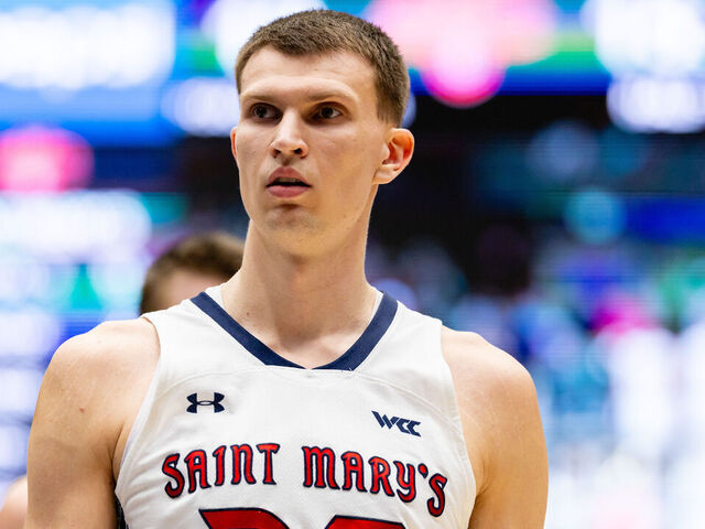 MORAGA, CA - FEBRUARY 01: Saint Mary's Gaels forward Paulius Murauskas (23) looks on during a game against the Gonzaga Bulldogs on February 1, 2025 at University Credit Union Pavilion in Moraga, CA.