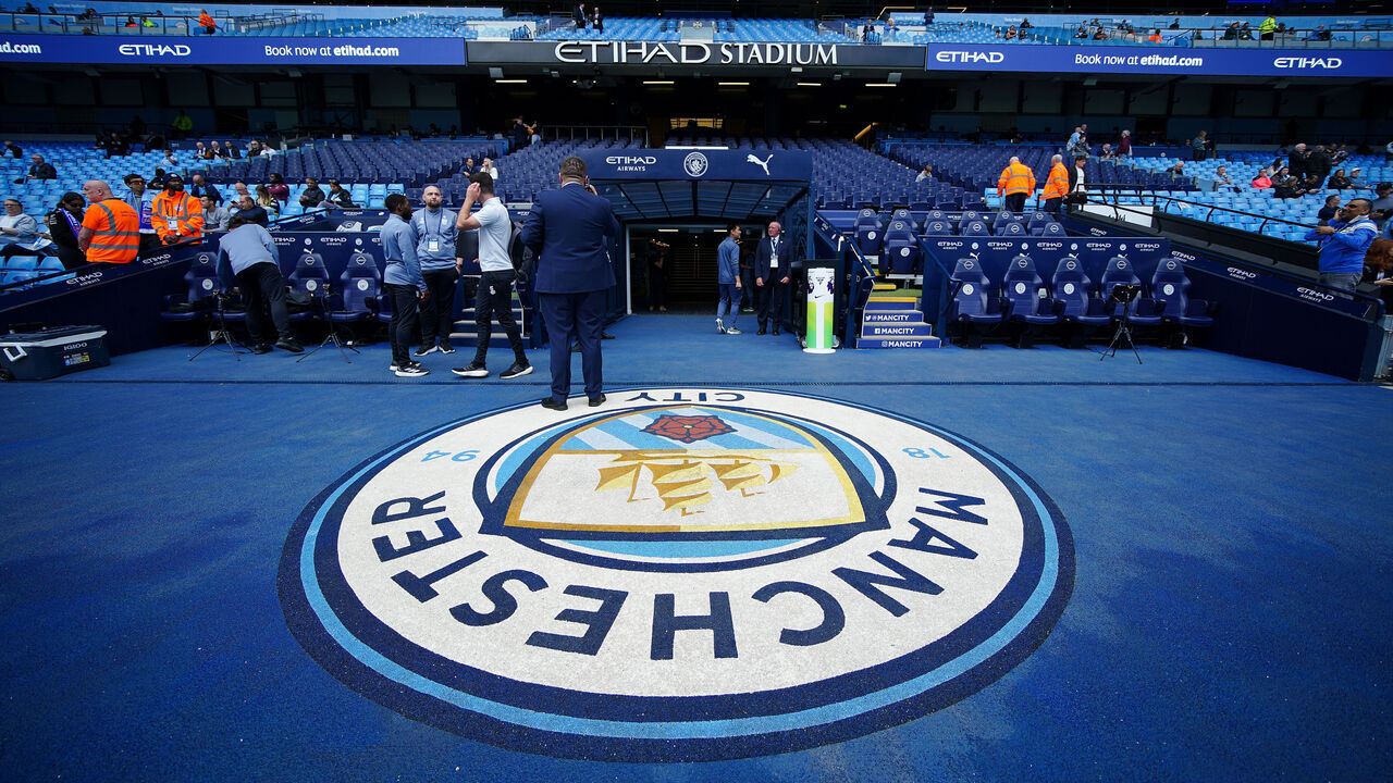 A general view of the Manchester City crest inside the Etihad Stadium, Manchester, ahead of the Premier League match between Manchester City and pswich Town. Picture date: Saturday August 24, 2024.