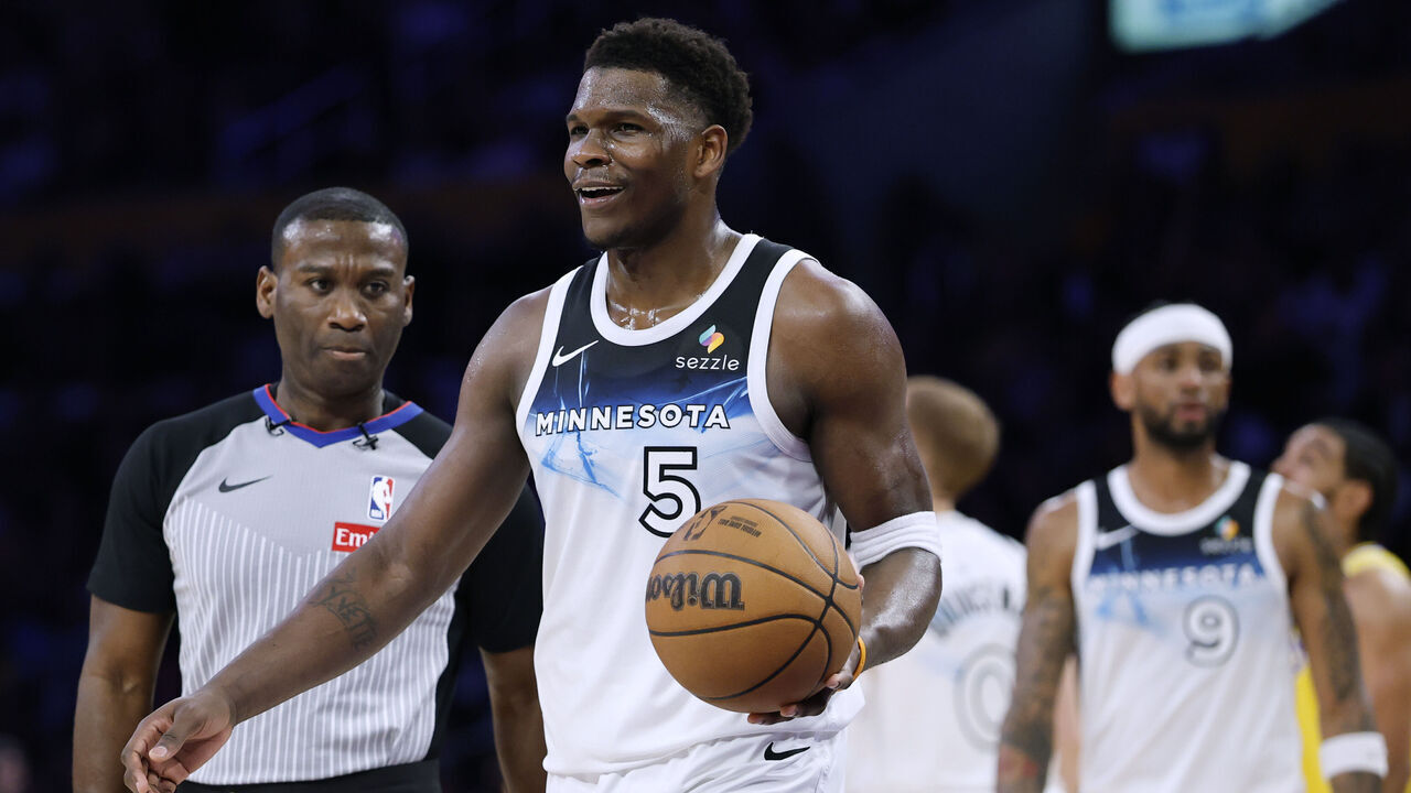 LOS ANGELES, CALIFORNIA - FEBRUARY 27: Anthony Edwards #5 of the Minnesota Timberwolves reacts in front of referee James Williams #60 as he is ejected from the game during a 111-102 Los Angeles Lakers win at Crypto.com Arena on February 27, 2025 in Los Angeles, California.