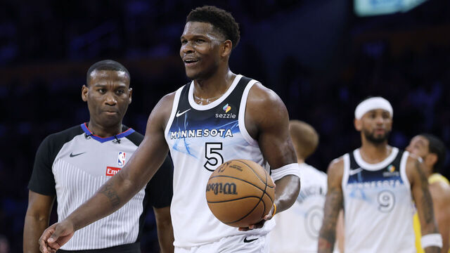 LOS ANGELES, CALIFORNIA - FEBRUARY 27: Anthony Edwards #5 of the Minnesota Timberwolves reacts in front of referee James Williams #60 as he is ejected from the game during a 111-102 Los Angeles Lakers win at Crypto.com Arena on February 27, 2025 in Los Angeles, California.