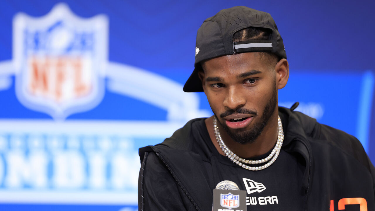 INDIANAPOLIS, INDIANA - FEBRUARY 28: Shedeur Sanders #QB13 of Colorado speaks to the media during the 2025 NFL Scouting Combine at Lucas Oil Stadium on February 28, 2025 in Indianapolis, Indiana.