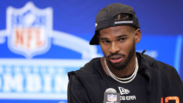 INDIANAPOLIS, INDIANA - FEBRUARY 28: Shedeur Sanders #QB13 of Colorado speaks to the media during the 2025 NFL Scouting Combine at Lucas Oil Stadium on February 28, 2025 in Indianapolis, Indiana.