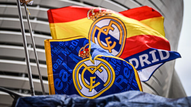 Madrid, Spain - January 22: Real Madrid flags with logo during the UEFA Champions League 2024/25 League Phase MD7 match between Real Madrid C.F. and FC Salzburg at Estadio Santiago Bernabéu on January 22, 2025 in Madrid, Germany.