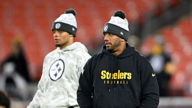 CLEVELAND, OHIO - NOVEMBER 21: Justin Fields #2 and Russell Wilson #3 of the Pittsburgh Steelers warm up prior to a game against the Cleveland Browns at Huntington Bank Field on November 21, 2024 in Cleveland, Ohio.