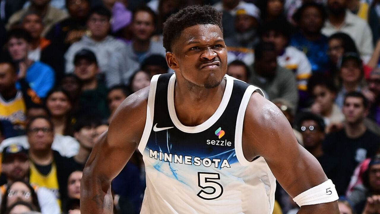 LOS ANGELES, CA - FEBRUARY 27: Anthony Edwards #5 of the Minnesota Timberwolves celebrates during the game against the Los Angeles Lakers on February 27, 2025 at Crypto.Com Arena in Los Angeles, California. NOTE TO USER: User expressly acknowledges and agrees that, by downloading and/or using this Photograph, user is consenting to the terms and conditions of the Getty Images License Agreement. Mandatory Copyright Notice: Copyright 2025 NBAE