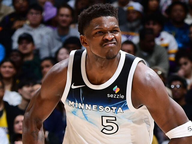 LOS ANGELES, CA - FEBRUARY 27: Anthony Edwards #5 of the Minnesota Timberwolves celebrates during the game against the Los Angeles Lakers on February 27, 2025 at Crypto.Com Arena in Los Angeles, California. NOTE TO USER: User expressly acknowledges and agrees that, by downloading and/or using this Photograph, user is consenting to the terms and conditions of the Getty Images License Agreement. Mandatory Copyright Notice: Copyright 2025 NBAE