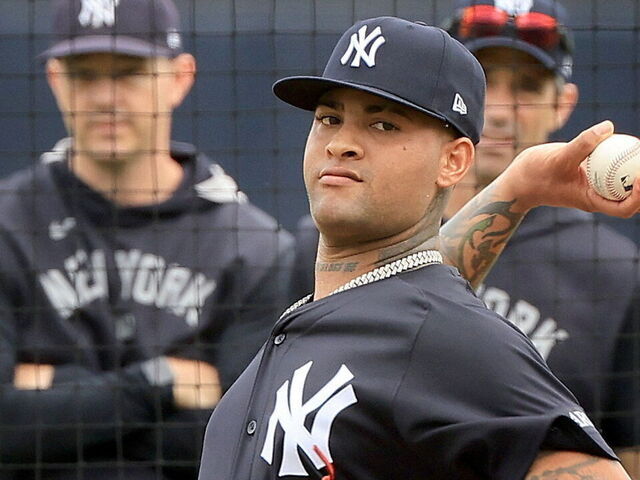 Tampa, Florida: New York Yankees Luis Gil throws live batting practice during spring training at George M. Steinbrenner Field in Tampa, Florida on February 19, 2025.