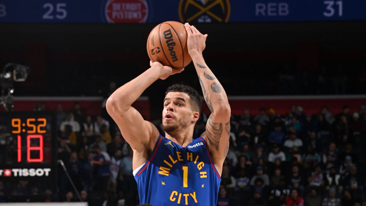 DETROIT, MI - FEBRUARY 28: Michael Porter Jr. #1 of the Denver Nuggets shoots the ball during the game against the Detroit Pistons on February 28, 2025 at Little Caesars Arena in Detroit, Michigan. NOTE TO USER: User expressly acknowledges and agrees that, by downloading and/or using this photograph, User is consenting to the terms and conditions of the Getty Images License Agreement. Mandatory Copyright Notice: Copyright 2025 NBAE