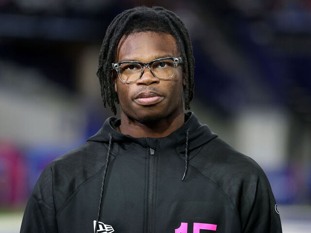 INDIANAPOLIS, INDIANA - FEBRUARY 28: Travis Hunter DB15 of Colorado looks on during the NFL Scouting Combine at Lucas Oil Stadium on February 28, 2025 in Indianapolis, Indiana.