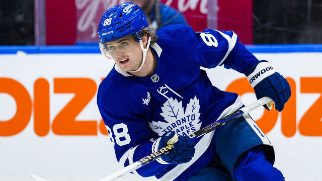 TORONTO, ON - FEBRUARY 22: William Nylander #88 of the Toronto Maple Leafs skates against the Carolina Hurricanes at the Scotiabank Arena on February 22, 2025 in Toronto, Ontario, Canada.