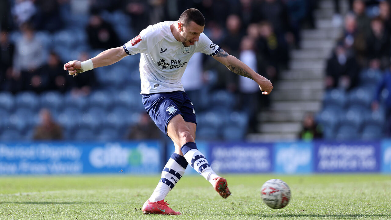 PRESTON, ENGLAND - MARCH 01: Milutin Osmajic of Preston North End scores their second goal during the Emirates FA Cup Fifth Round match between Preston North End and Burnley at Deepdale on March 01, 2025 in Preston, England.