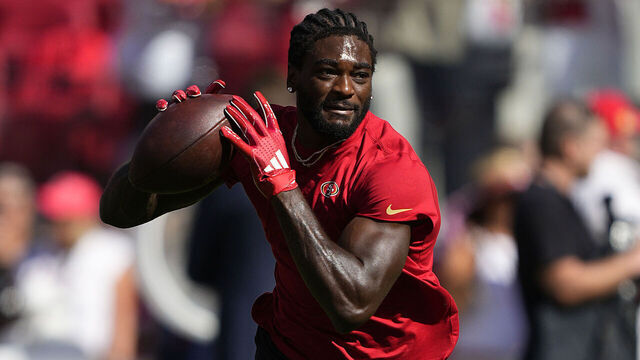 SANTA CLARA, CALIFORNIA - OCTOBER 20: Brandon Aiyuk #11 of the San Francisco 49ers warms up prior to a game against the Kansas City Chiefs at Levi's Stadium on October 20, 2024 in Santa Clara, California.