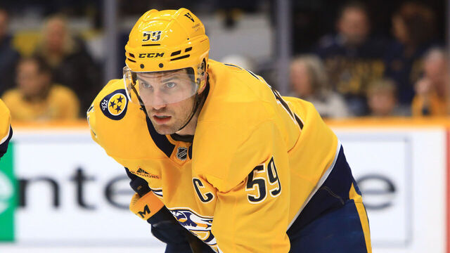 NASHVILLE, TN - FEBRUARY 22: Nashville Predators defenseman Roman Josi (59) is shown during the NHL game between the Nashville Predators and Colorado Avalanche, held on February 22, 2025, at Bridgestone Arena in Nashville, Tennessee.