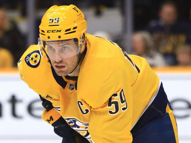 NASHVILLE, TN - FEBRUARY 22: Nashville Predators defenseman Roman Josi (59) is shown during the NHL game between the Nashville Predators and Colorado Avalanche, held on February 22, 2025, at Bridgestone Arena in Nashville, Tennessee.