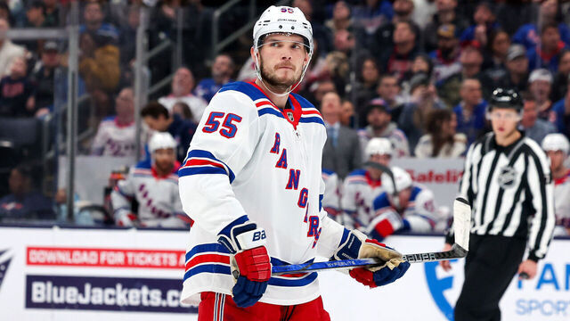 COLUMBUS, OH - FEBRUARY 08: New York Rangers defenseman Ryan Lindgren (55) on the ice during the second period of the National Hockey League game between the New York Rangers and Columbus Blue Jackets on February 8, 2025, at Nationwide Arena in Columbus, OH.