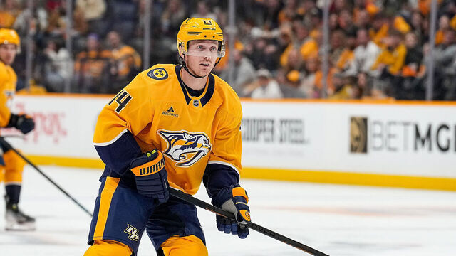 NASHVILLE, TENNESSEE - FEBRUARY 22: Gustav Nyquist #14 of the Nashville Predators skates against the Colorado Avalanche during an NHL game at Bridgestone Arena on February 22, 2025 in Nashville, Tennessee.
