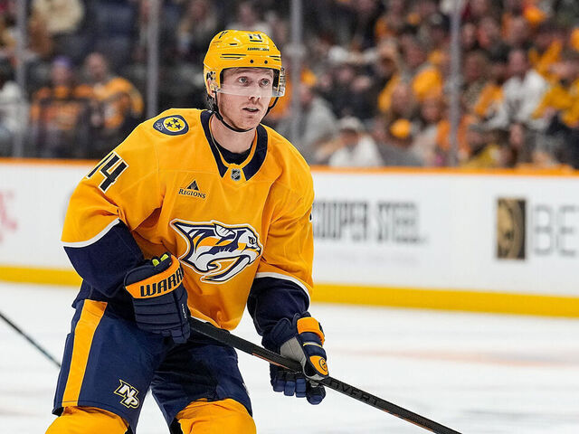 NASHVILLE, TENNESSEE - FEBRUARY 22: Gustav Nyquist #14 of the Nashville Predators skates against the Colorado Avalanche during an NHL game at Bridgestone Arena on February 22, 2025 in Nashville, Tennessee.