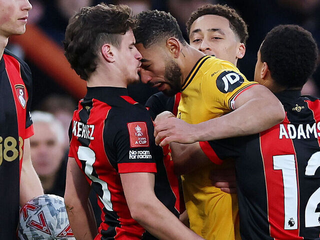 BOURNEMOUTH, ENGLAND - MARCH 01: Matheus Cunha of Wolverhampton Wanderers clashes with Milos Kerkez of AFC Bournemouth, resulting in a red card being awarded during the Emirates FA Cup Fifth Round match between AFC Bournemouth and Wolverhampton Wanderers at Vitality Stadium on March 01, 2025 in Bournemouth, England.