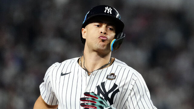 NEW YORK, NY - OCTOBER 30: Giancarlo Stanton #27 of the New York Yankees rounds the bases after a home run during Game 5 of the 2024 World Series presented by Capital One between the Los Angeles Dodgers and the New York Yankees at Yankee Stadium on Wednesday, October 30, 2024 in New York, New York.