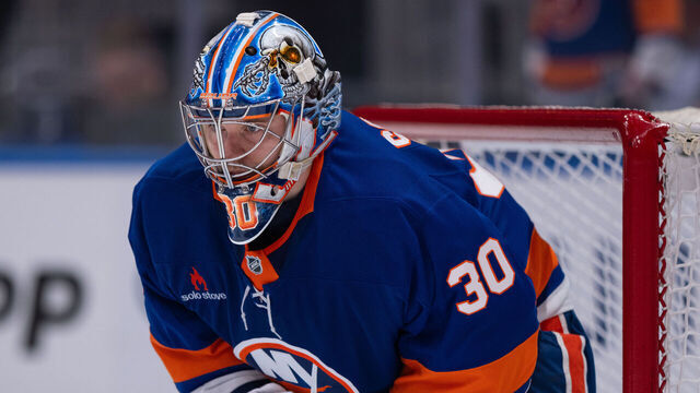 ELMONT, NEW YORK - FEBRUARY 25: Ilya Sorokin #30 of the New York Islanders awaits a second period faceoff during a game against the New York Rangers at UBS Arena on February 25, 2025 in Elmont, New York.