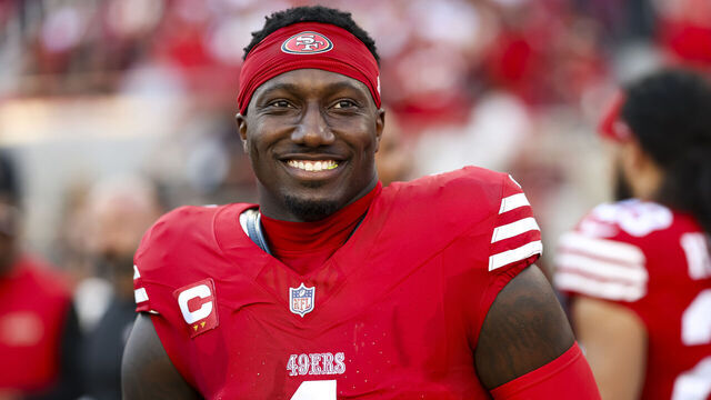 SANTA CLARA, CALIFORNIA - DECEMBER 8: Wide receiver Deebo Samuel Sr. #1 of the San Francisco 49ers stands on the sidelines prior to an NFL football game against the Chicago Bears, at Levi's Stadium on December 8, 2024 in Santa Clara, California.