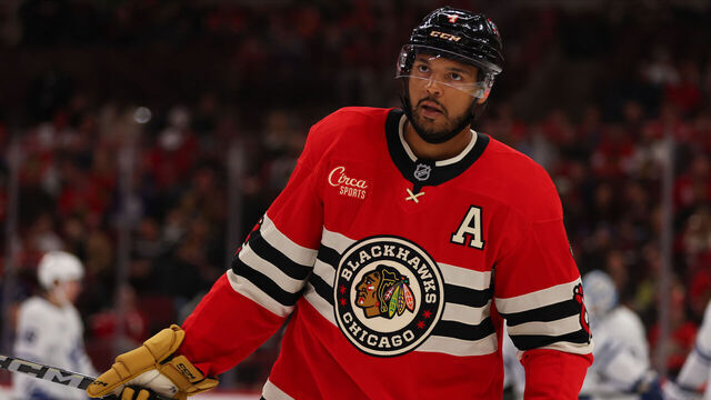 CHICAGO, IL - FEBRUARY 23: Seth Jones #4 of the Chicago Blackhawks looks on during the third period against the Toronto Maple Leafs on February 23, 2025 at the United Center in Chicago, Illinois.