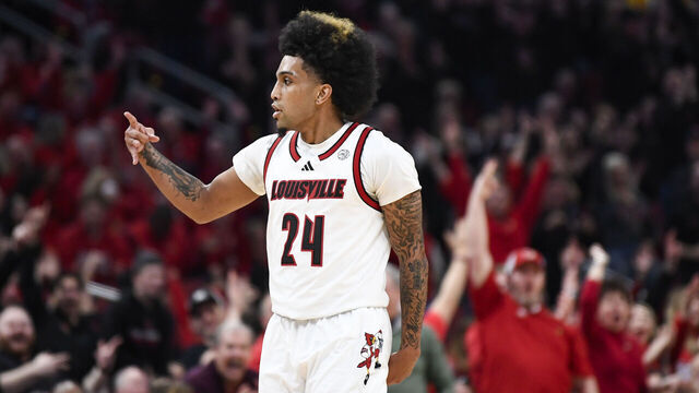 LOUISVILLE, KY - MARCH 01: Louisville Cardinals Guard Chucky Hepburn (24) reacts after making a 3-point shot during the college basketball game between the Pittsburgh Panthers and the Louisville Cardinals on March 1, 2025, at the KFC Yum! Center in Louisville, Kentucky.