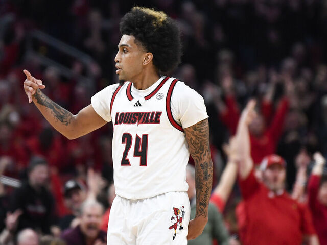 LOUISVILLE, KY - MARCH 01: Louisville Cardinals Guard Chucky Hepburn (24) reacts after making a 3-point shot during the college basketball game between the Pittsburgh Panthers and the Louisville Cardinals on March 1, 2025, at the KFC Yum! Center in Louisville, Kentucky.