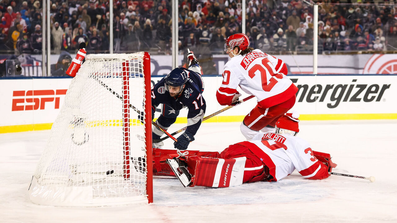 COLUMBUS, OHIO - MARCH 1: Justin Danforth #17 of the Columbus Blue Jackets scores against the Detroit Red Wings in the third period during the NHL Stadium Series at Ohio Stadium on March 1, 2025 in Columbus, Ohio.