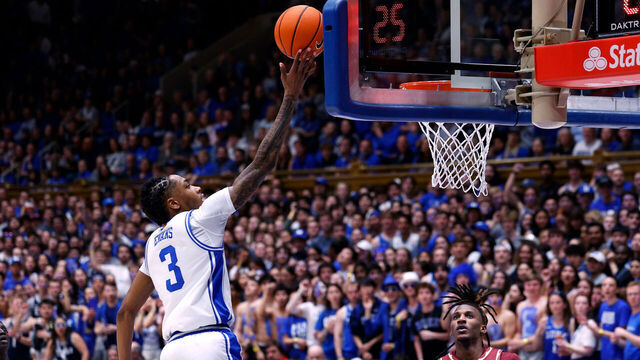 DURHAM, NORTH CAROLINA - MARCH 1: Isaiah Evans #3 of the Duke Blue Devils goes to the basket against the Florida State Seminoles during the first half at Cameron Indoor Stadium on March 1, 2025 in Durham, North Carolina.
