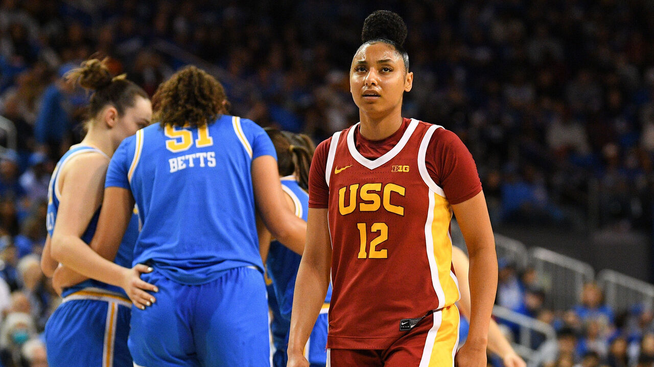 LOS ANGELES, CA - MARCH 01: USC Trojans guard JuJu Watkins (12) looks on during a women's college basketball game between the USC Trojans and the UCLA Bruins on March 1, 2025, at Pauley Pavilion in Los Angeles, CA.