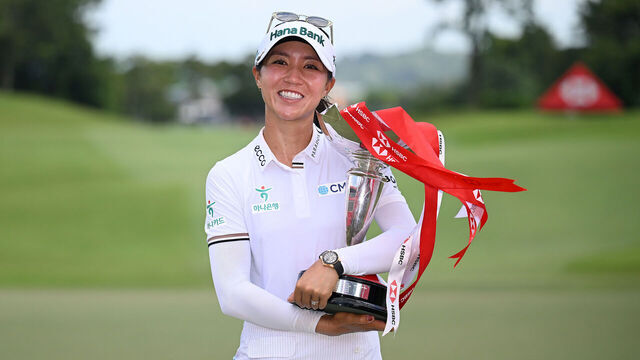 SINGAPORE, SINGAPORE - MARCH 02: Lydia Ko of New Zealand poses with the trophy following victory on Day Four of the HSBC Women's World Championship 2025 at Sentosa Golf Club on March 02, 2025 in Singapore.
