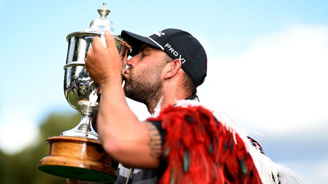 QUEENSTOWN, NEW ZEALAND - MARCH 02: Ryan Peake of Australia celebrates with the New Zealand Open trophy after winning the 2025 New Zealand Open at Millbrook Resort on March 02, 2025 in Queenstown, New Zealand.