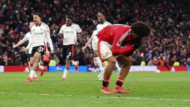 MANCHESTER, ENGLAND - MARCH 02: Joshua Zirkzee of Manchester United reacts after missing the last penalty in the penalty shoot out during the Emirates FA Cup Fifth Round match between Manchester United and Fulham at Old Trafford on March 02, 2025 in Manchester, England.