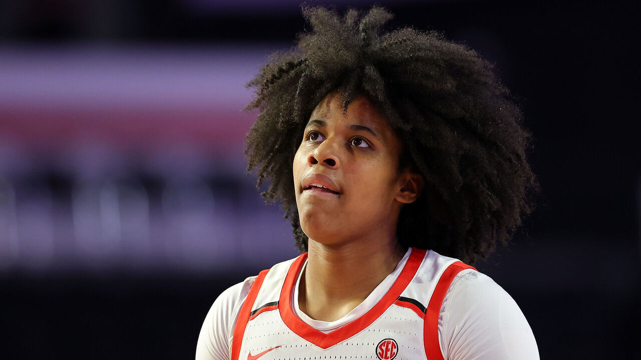 ATHENS, GEORGIA - FEBRUARY 24: Mia Woolfolk #33 of the Georgia Lady Bulldogs looks on against the Texas Longhorns during the first quarter at Stegeman Coliseum on February 24, 2025 in Athens, Georgia.