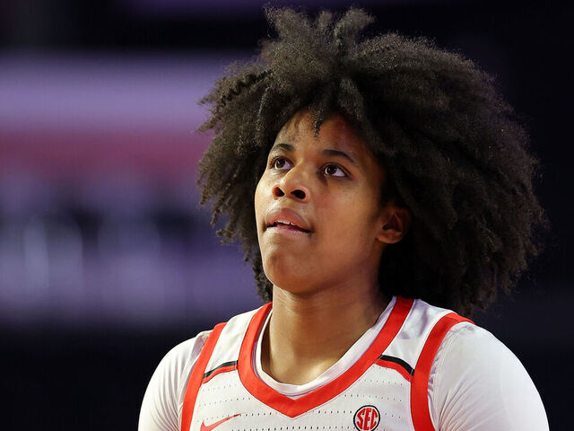 ATHENS, GEORGIA - FEBRUARY 24: Mia Woolfolk #33 of the Georgia Lady Bulldogs looks on against the Texas Longhorns during the first quarter at Stegeman Coliseum on February 24, 2025 in Athens, Georgia.