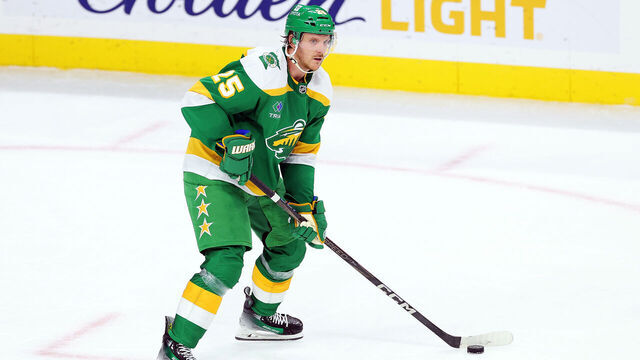 ST PAUL, MINNESOTA - DECEMBER 23: Jonas Brodin #25 of the Minnesota Wild skates with the puck against the Chicago Blackhawks in the third period at Xcel Energy Center on December 23, 2024 in St Paul, Minnesota. The Wild defeated the Blackhawks 4-3.