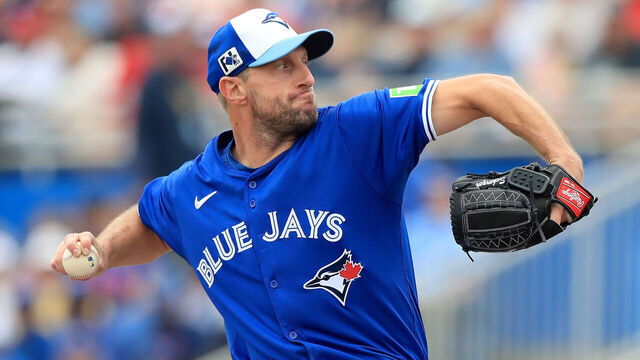 DUNEDIN, FL - FEBRUARY 25: Toronto Blue Jays pitcher Max Scherzer (31) delivers a pitch to the plate during the spring training game between the St. Louis Cardinals and the Toronto Blue Jays on February 25, at the TD Ballpark in Dunedin, FL.