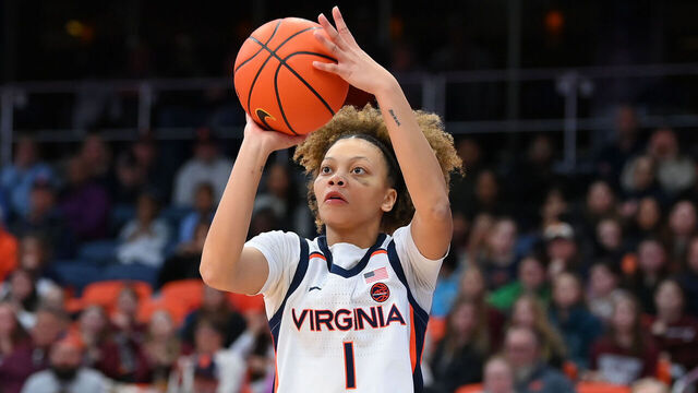 SYRACUSE, NEW YORK - FEBRUARY 2: Paris Clark #1 of the Virginia Cavaliers shoots against the Syracuse Orange during the second half at the JMA Wireless Dome on February 2, 2025 in Syracuse, New York. Virginia won 70-67.