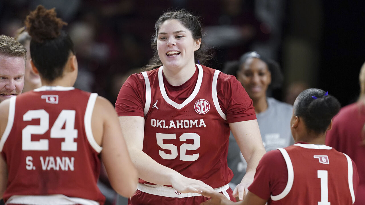 COLUMBIA, SOUTH CAROLINA - JANUARY 18: Raegan Beers #52 of the Oklahoma Sooners and teammates are introduced before an NCAA women's basketball game against the South Carolina Gamecocks at Colonial Life Arena on January 18, 2024 in Columbia, South Carolina. The South Carolina Gamecocks won 101-60.